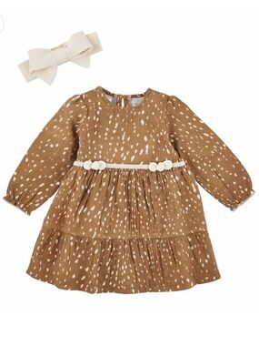 Mud Pie Fawn Gauze Dress with Headband - Brown & Cream Size 12-18 Months